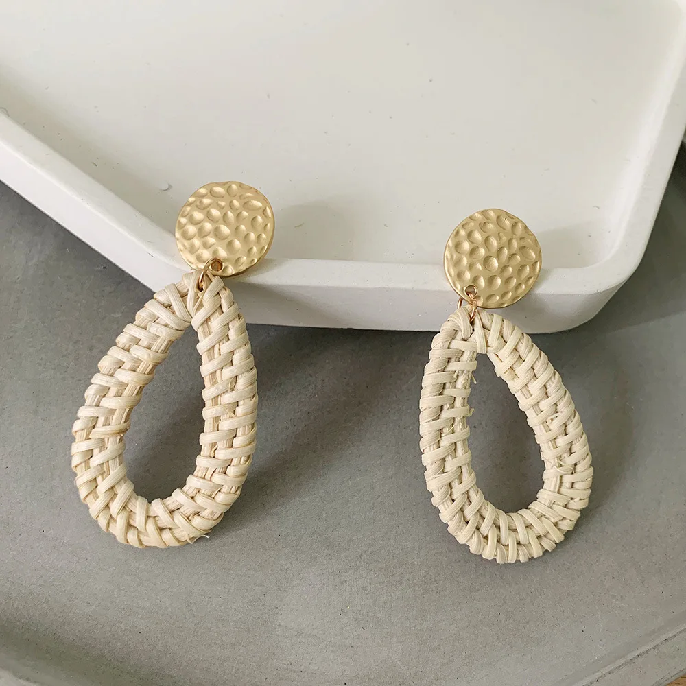 Богемные плетеные серьги-подвески из ротанга, ручная работа, деревянная лоза, Геометрическая круглая, массивные длинные серьги для женщин, ювелирные изделия - Окраска металла: Round metal 3