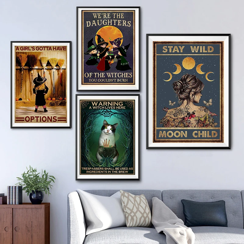 Винтажные ведьмы волшебные знания плакат Ведьмак черная кошка девушка живая