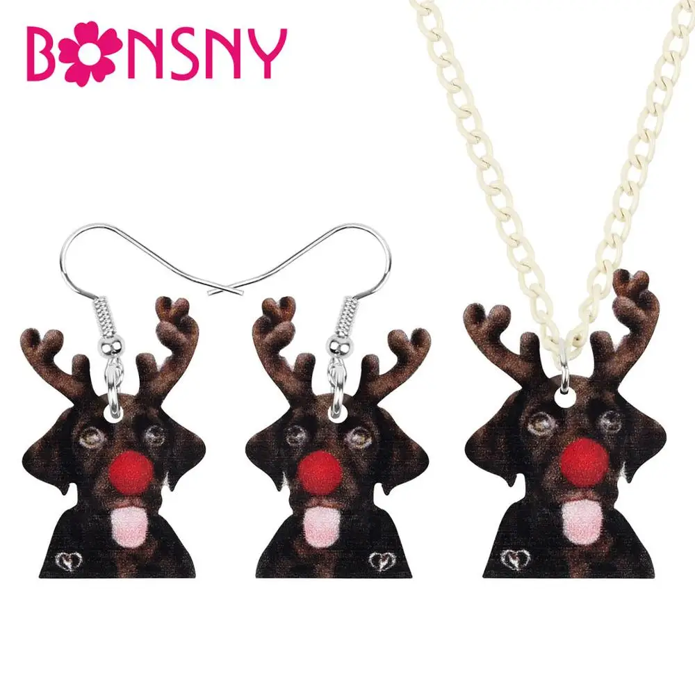 

Bonsny Acrylic Christmas Antlers Black Labrador Dog Jewelry Sets Necklace Earrings Animal Jewelry For Women Girl Teen Party Gift