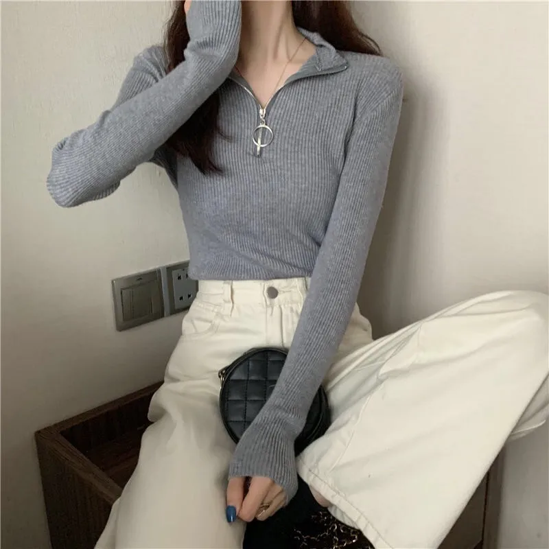 

2021 Autumn Winter Basic Knitted Sweater Women Sweaters Solid Slim Fit Pull Femme Women Zipper Sweater Pullovers