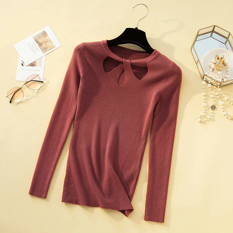 

Women Sexy Hollow Out Pullovers Knitted Sweaters 2020 Autumn Winter Long Sleeve Round Neck Solid Slim Bottoming Sweater Female