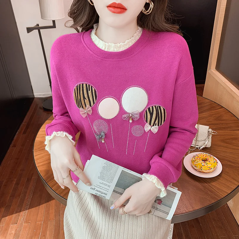 Autumn Chic Bow-Knot Rhinestone Balloon Pattern Sweatshirt Fake Two Pieces Lace Neck Loose Pullover Tops Moletom Feminino