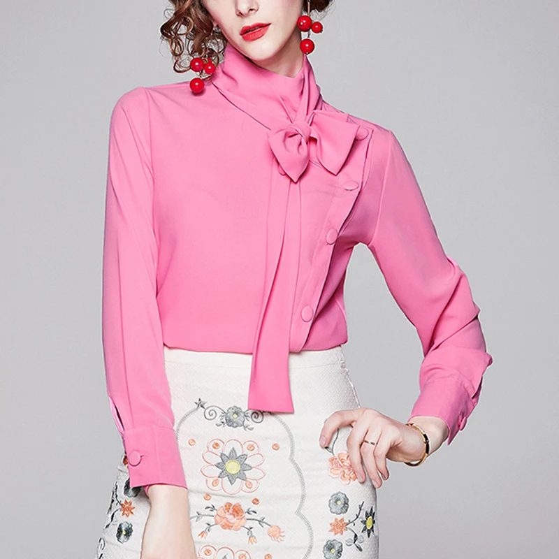 

JSXDHK Fashion 2019 Runway Designer Women's Shirt Tops Autumn Winter Pink Bow Long Sleeve Turtleneck Work Wear Ladies Blouse