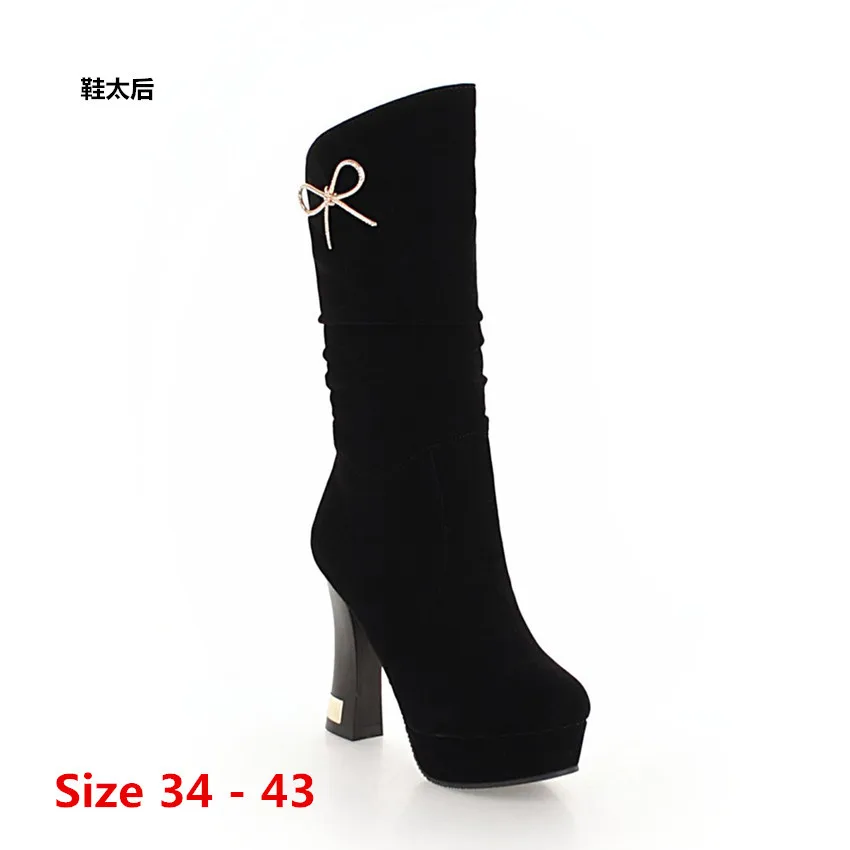 

Женские сапоги до колена на платформе, осенне-зимние кожаные сапоги на высоком каблуке 10,5 см, большие размеры 34 - 43