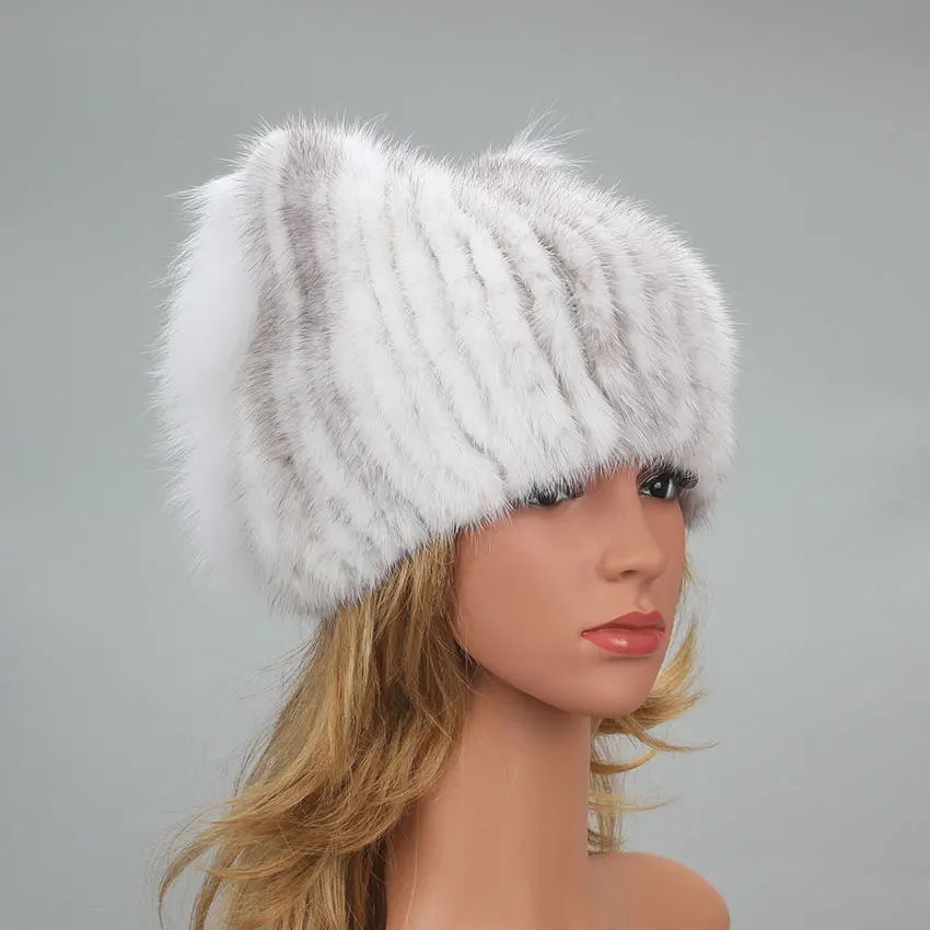 Genuine Mink Fur Cap Knitted Hat With Cat Ears Fall Knitting Wool Beanies Female Fur Hat With Diamond Winter Bonnets for Women