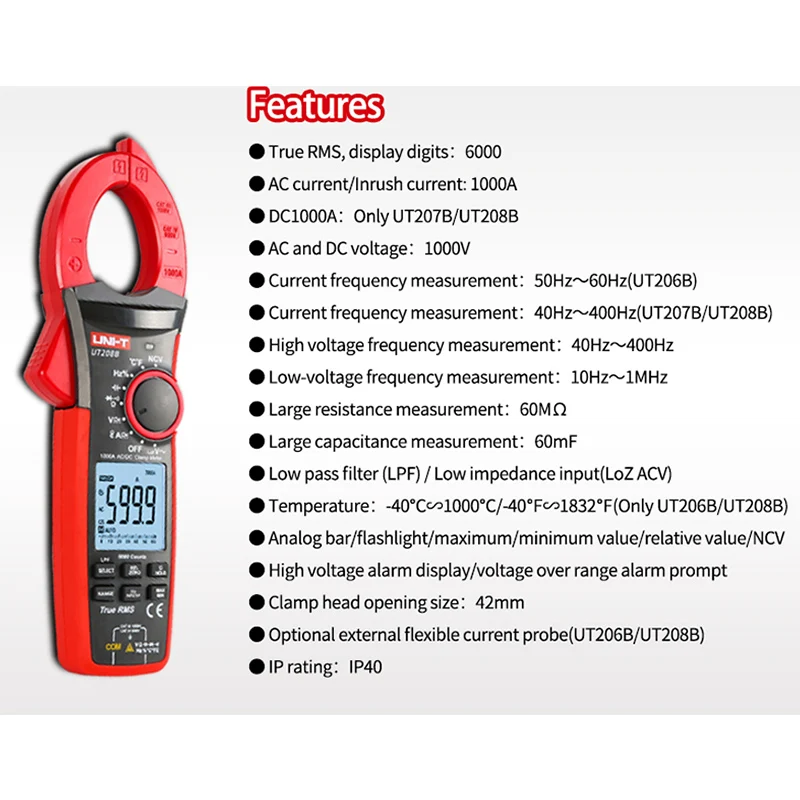 UNI T UT206B UT207B UT208B true эффективное значение Цифровые токоизмерительные клещи 1000A 1000 В