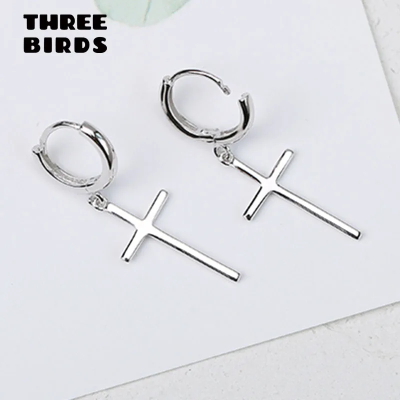 Модного серебристого цвета крест висячие серьги модные маленькие кольца для