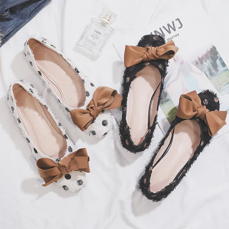 Женская обувь коллекция 2019 года балетки на плоской подошве с бантом в горошек и