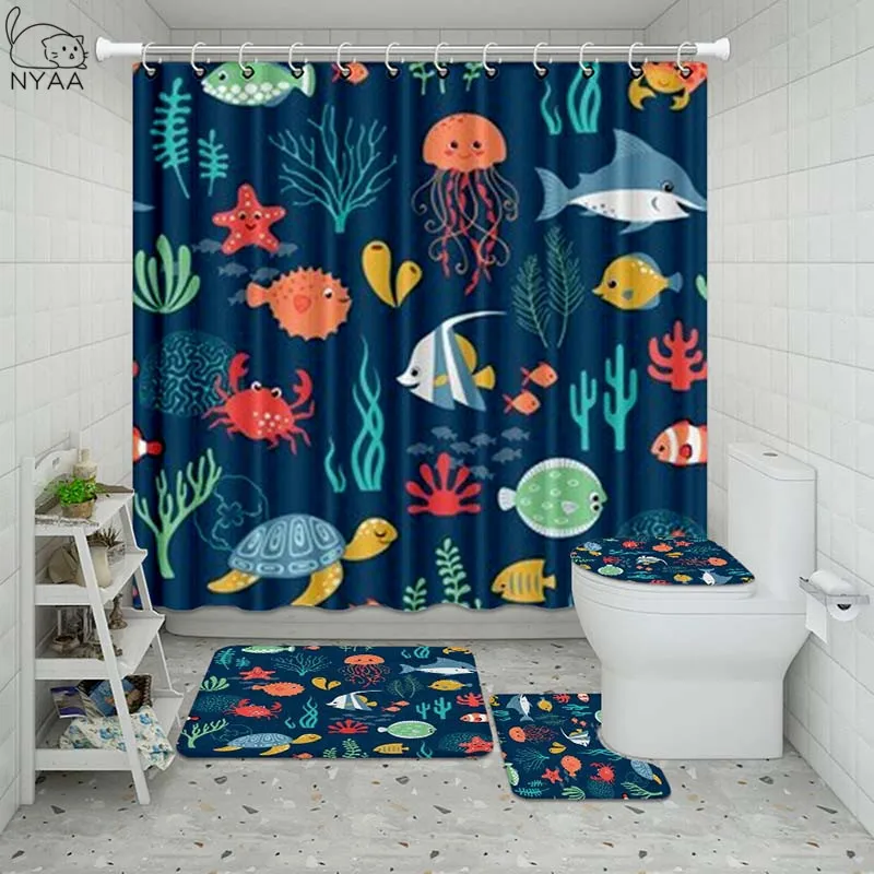 Vixm Водонепроницаемая синяя занавеска для ванной комнаты с рисунком Кита набор