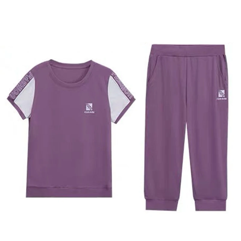 

Sports Fashion Cropped Trousers Two Piece Set Short Sleeved Round Neck Slim Summer Suit Women Rose Red Purple Blue Clothes