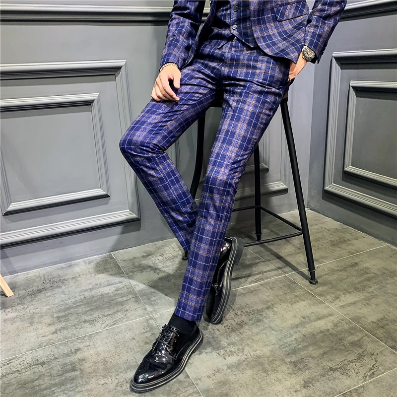 Костюм мужской Клетчатый облегающий Свадебный Дизайнерский жениха комплект из 3