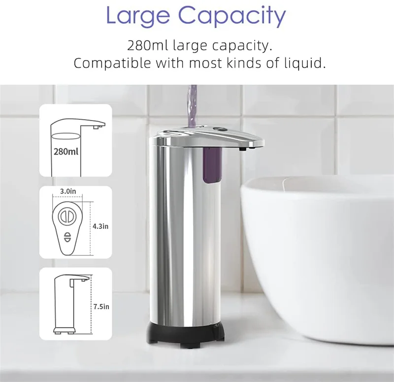 

Stainless Steel Automatic Liquid Soap Dispenser Smart Sensor 280ML Hand Wash Induction Sanitizer Dispenser Home Kitchen Bathroom