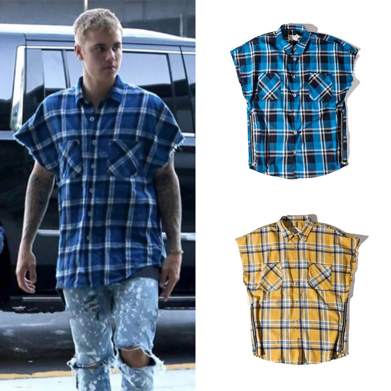 

Justin Bieber Streetwear Hip-Hop Oversize Flannel Plaid Sleeveless Shirt Mens Youth Hip Hop Loose Retro Side Zipper Tartan Shirt