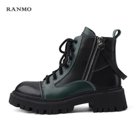 2021 new round toe womens boots leather short boots temperament retro mixed color womens shoes thick soled zipper martin boots