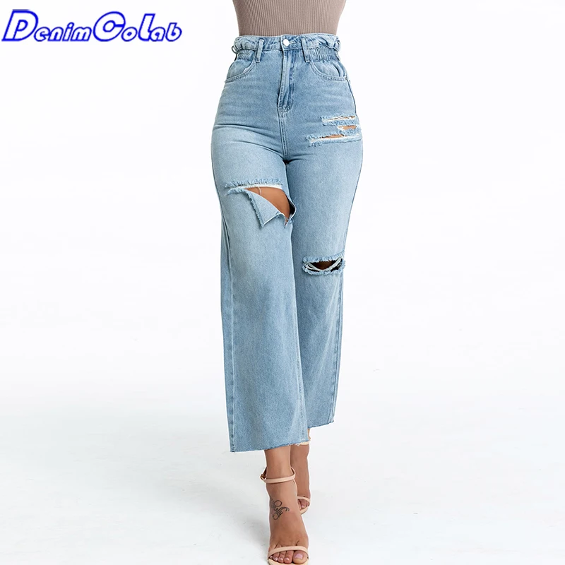 

Denimcolab 2021 Fashion Hole Straight Jeans Pants Women High Quality Elastic Waist Ripped Jeans Office Lady Casual Loose Trouser