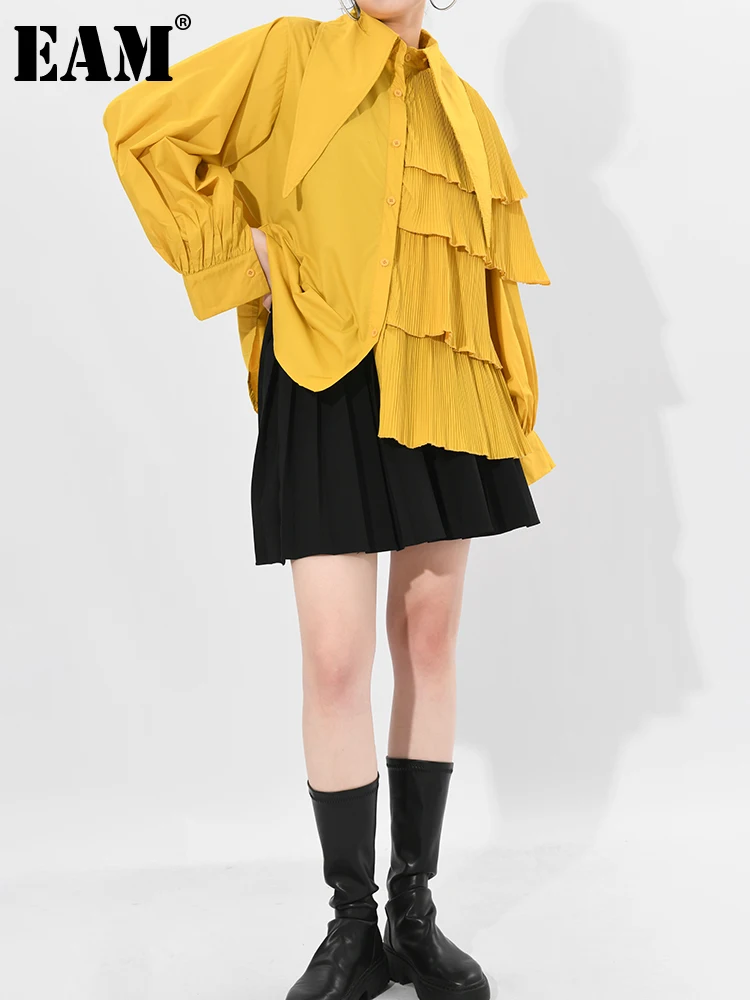 

[EAM] Женская Желтая плиссированная блуза большого размера, новая свободная рубашка с длинными рукавами и отворотом, модная весенне-осенняя ...