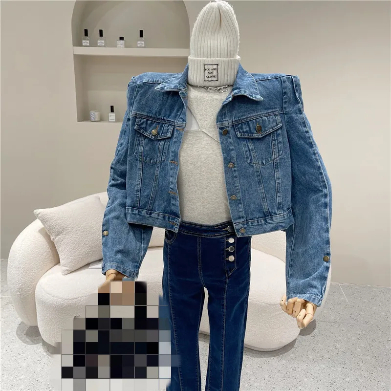 

Women's Spring 2021 Fashion version lapel short denim jacket new loose casual cargo jacket long sleeve top