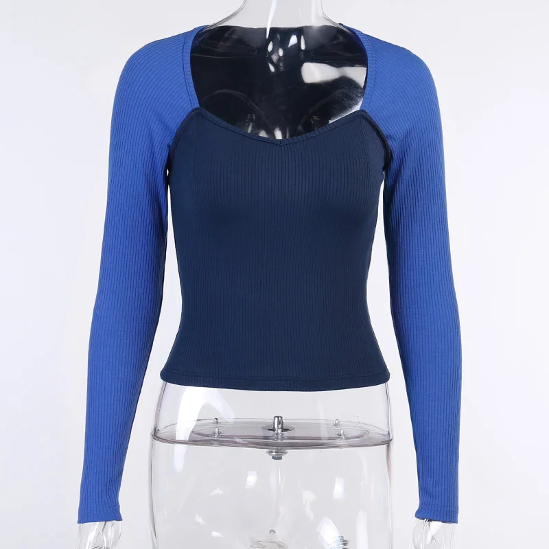 

Women Patchwork Long Sleeve T-shirt Slim Fit Color Block Sexy V-neck Low Cut Basic Stitching Spring Clothing