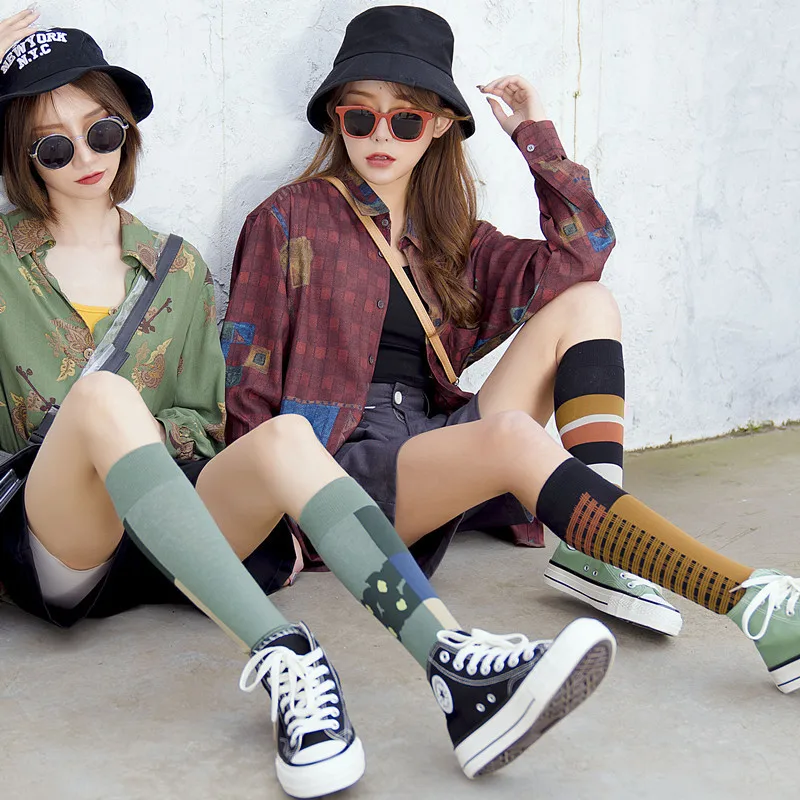 Длинные хлопковые носки для женщин до колен женские полосатые длинные дышащие