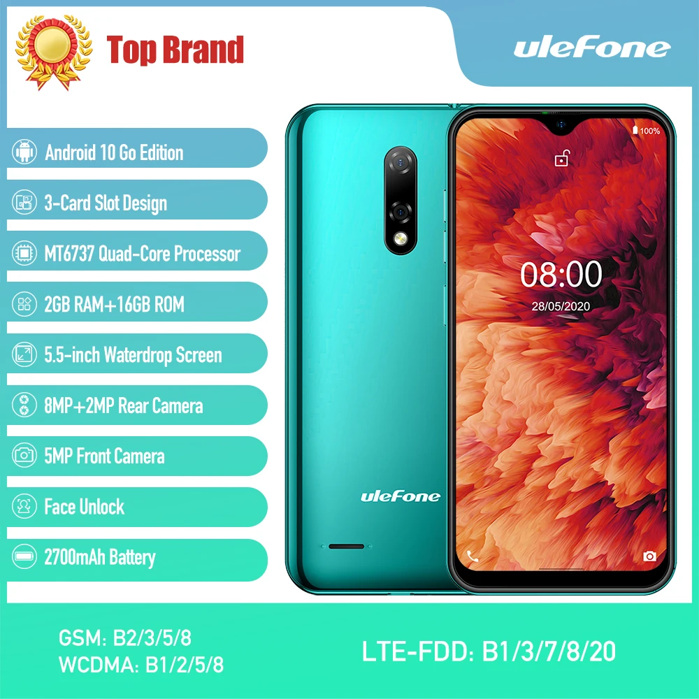 Ulefone Note 8P смартфон Android 10 2 ГБ + 16 Гб 4 ядра 5 дюймов тройной Камера 4G сотовый телефон