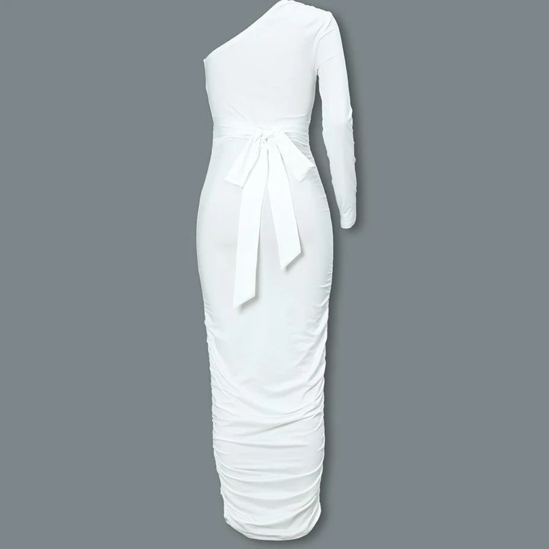 

New Fashion 2020 Women White Slim Fit Party Dress One Shoulder Ruched Design Bodycon Dress