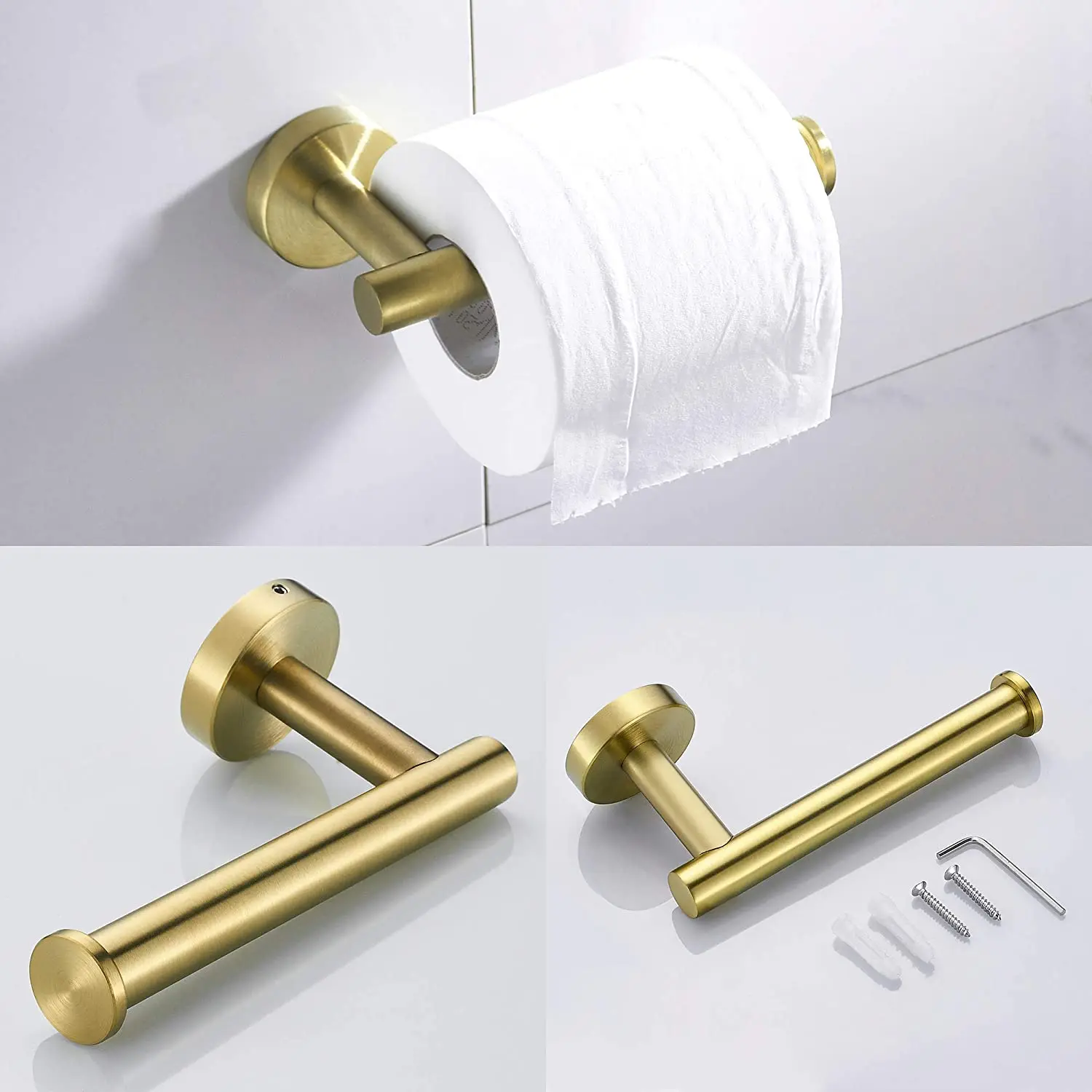 Soporte de papel higiénico de oro cepillado, montaje de pared, accesorios de baño de acero inoxidable, Base redonda FR3