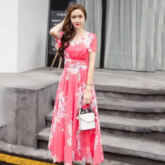 Женское Шифоновое Платье макси с коротким рукавом бело красное пляжное длинное