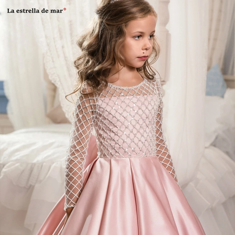 vestido comunion niña new O neck lace satin sleeves beaded A Line pink purple blue flower girl dress long wedding guests gowns | Свадьбы и