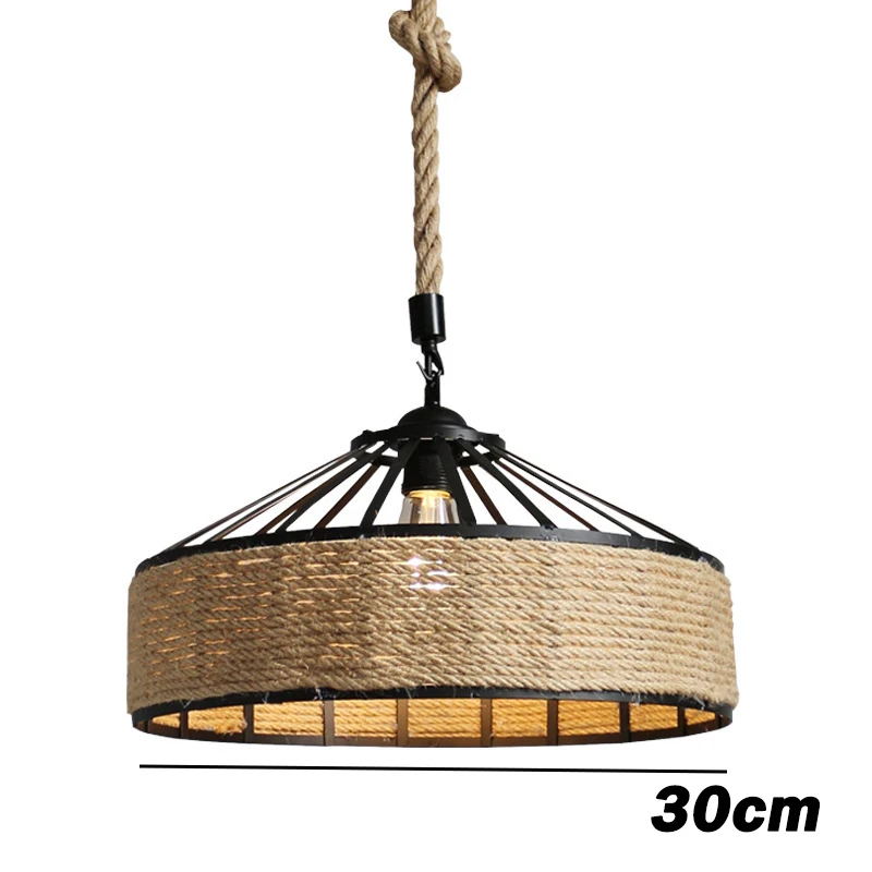 

Vintage Industrial Hemp Rope Ceiling Lamp Home Bar Restaurant Round Chandelier Decorative Brown Wrought Iron Twine Lamp E27 220V
