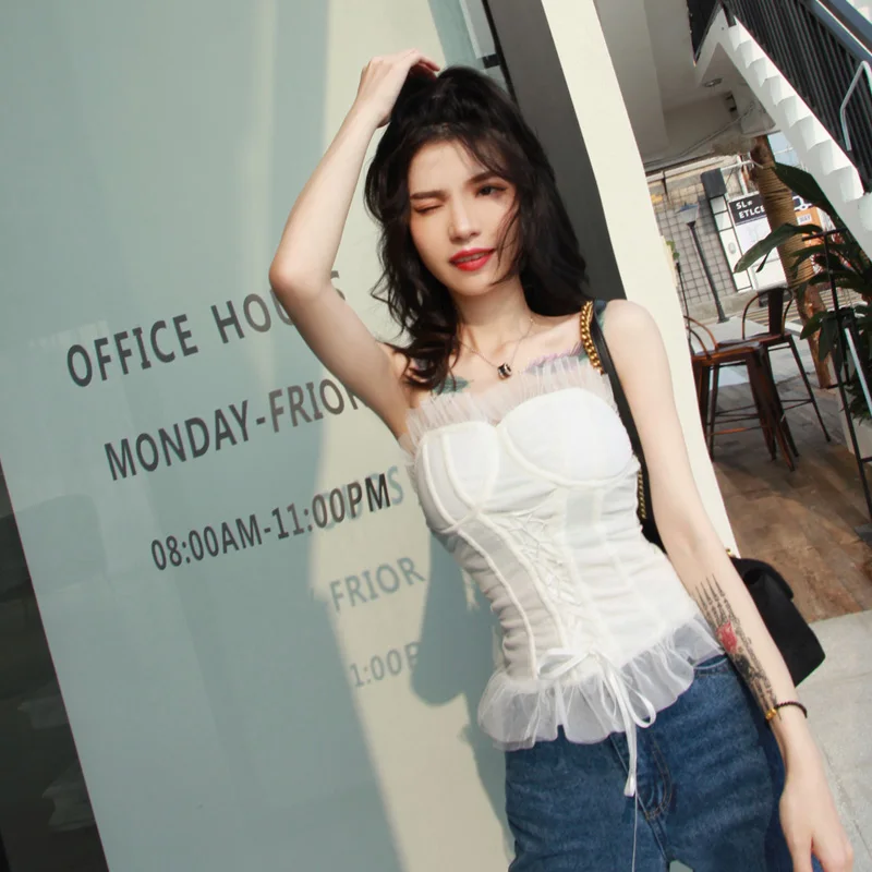 

2021 New Black Ruffled Mesh Tube Top Women Retro Style Bandage Corset Strapless Boat Neck Sexy Nightclub Party Tops y980