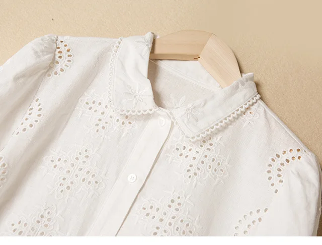

New Paris Designer White Hollow Out Embroidered Long Sleeve Cotton Shirt Top