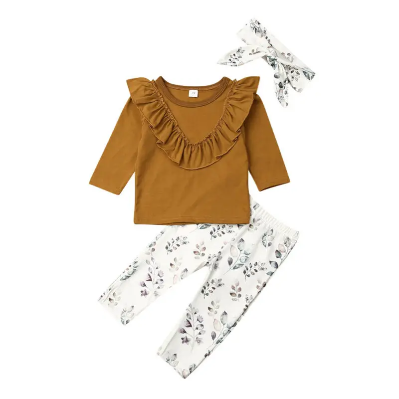 

New Fashion 0-24M Infant Baby Girl Clothes Set Ruffled Collar Long Sleeve Solid Cotton Top Print Floral Pant Headband 3PCS Set