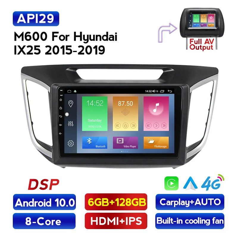 Автомобильный мультимедийный плеер на Android 10, 6 + 128 ГБ, 8 ядер, DVD, Gps, экран IPS для Hyundai Creta IX25, DSP, Wi-Fi, BT, встроенный Carplay, 4G, LTE, RDS