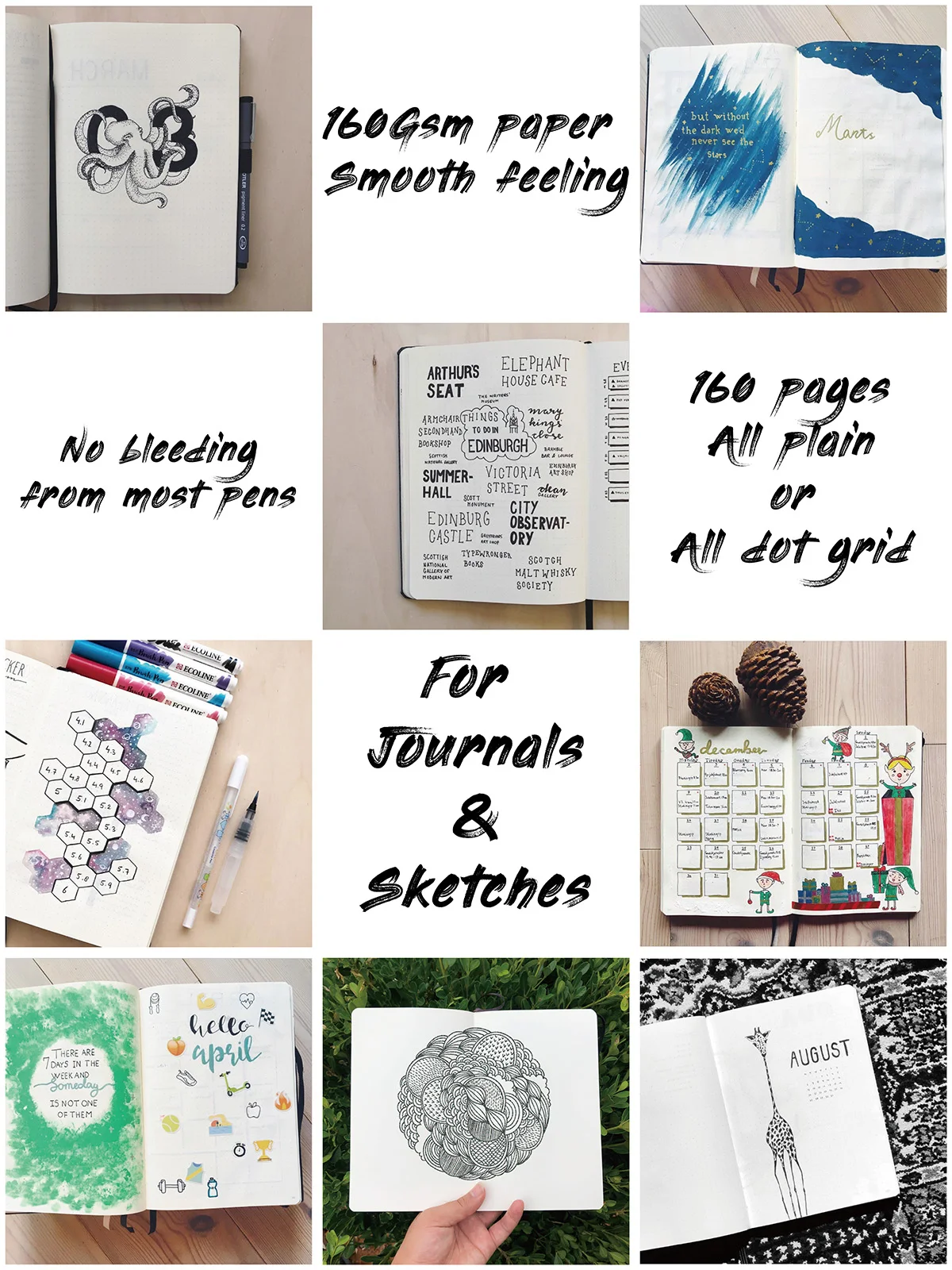 

160Gsm Ultra Thick Bamboo Paper DIY Bujo Planner 5X5mm Journal Dot Gird Notebook 160 Pages, Size 5.7X8.2 Inch