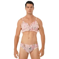 mens sissy crossdress sexy suit flowerstrawberry printing ruffled lingerie set nightwear adjustable straps bra tops with briefs