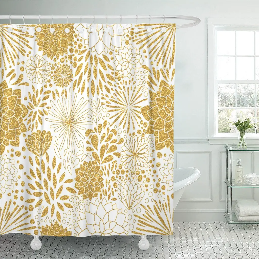 Yellow Flower Floral Gold Patterns Modern White Fancy Abstract Shower Curtain Waterproof Polyester Fabric 60 x 72 Inches Set