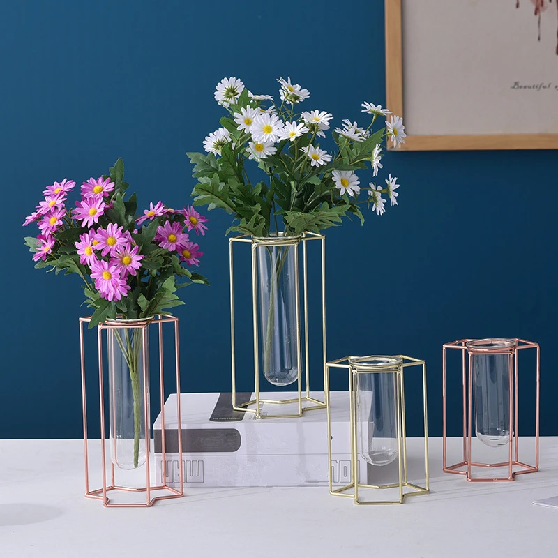 

1Pc Nordic Geometric Iron Glass Vase Tube Flower Arrangement Hydroponic Plant Terrarium Home Decor