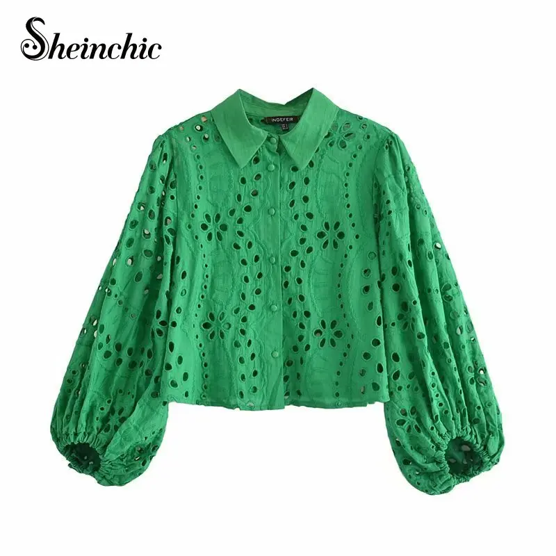 

Женская хлопковая блузка с длинным рукавом, элегантная подиумная рубашка Зеленого Цвета, осень 2021