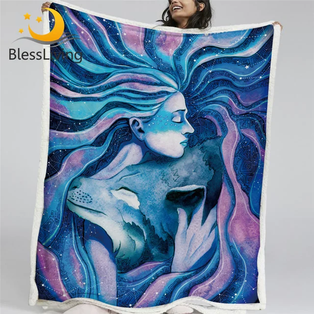 BlessLiving Wolf Sherpa Fleece Blanket Watercolor Linen Blanket Pastel Blue Animal Plush Blanket Girl Hugging Wolf Bedspreads 1