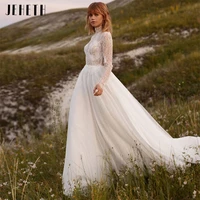 jeheth vintage tulle lace appliques wedding dresses illusion long sleeve a line high neck bespoke bridal dress robe princesse