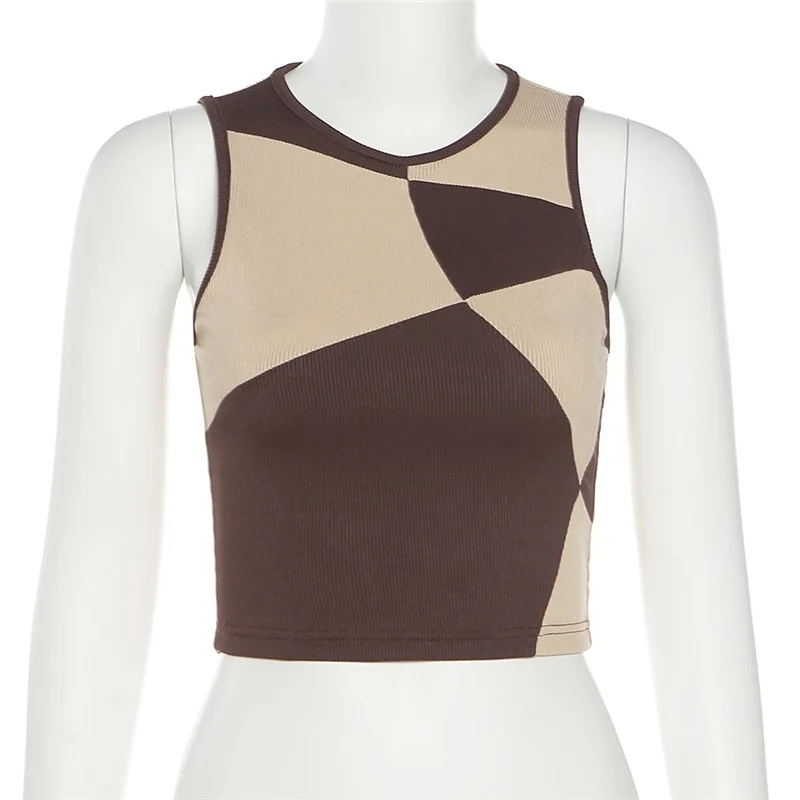 

2021 Fashion Plaid Crop Tops Patchwork Sleeveless Summer Casual Tops for Woman Brown Y2k T Shirts Sexy Off Shoulder Tank Tops