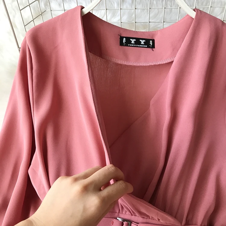 ALPHALMODA осеннее офисное женское платье с длинными рукавами и поясом, новое повседневное шифоновое платье с высокой талией и v-образным вырезом, однотонное женское платье до середины икры
