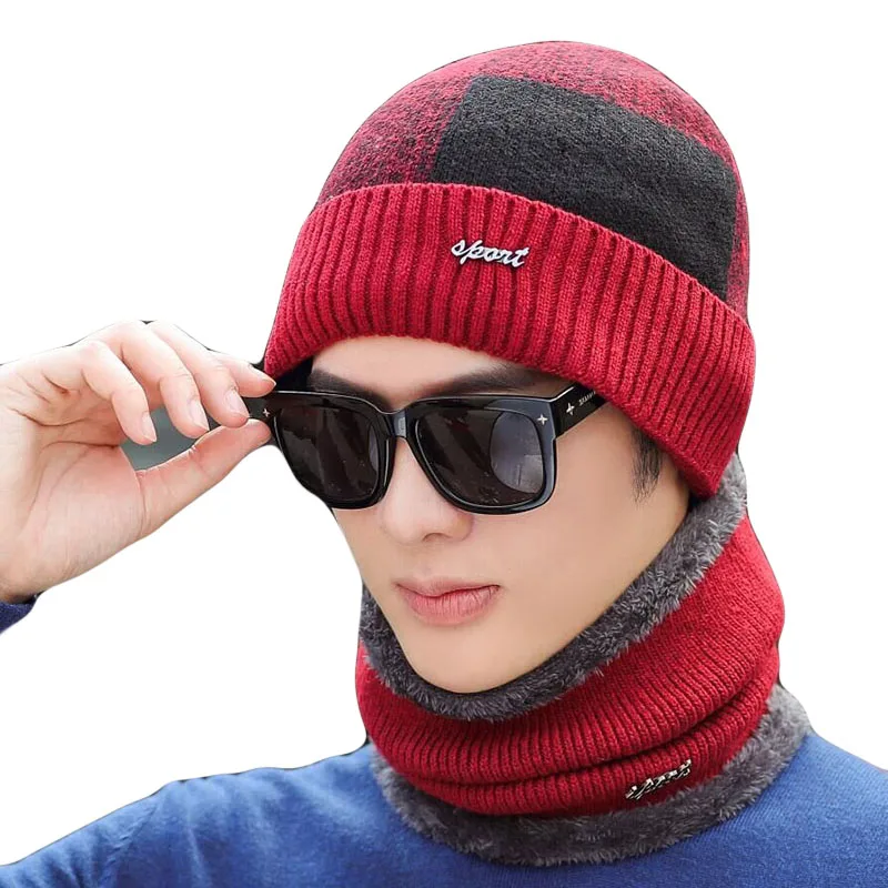 

HANGYUNXUANHAO Winter Thicker Velvet Knitted Scarf Hat Set For Men Skullies Beanies Warm Caps Men Beanie Balaclava Hats