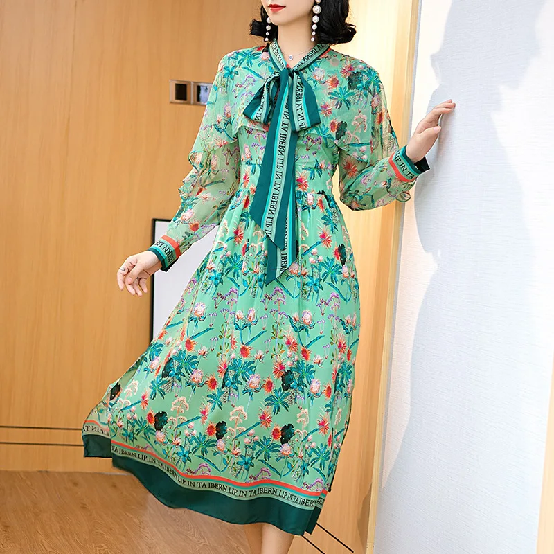 Весна-лето 100% длинное женское платье из натурального шелка с цветочным принтом