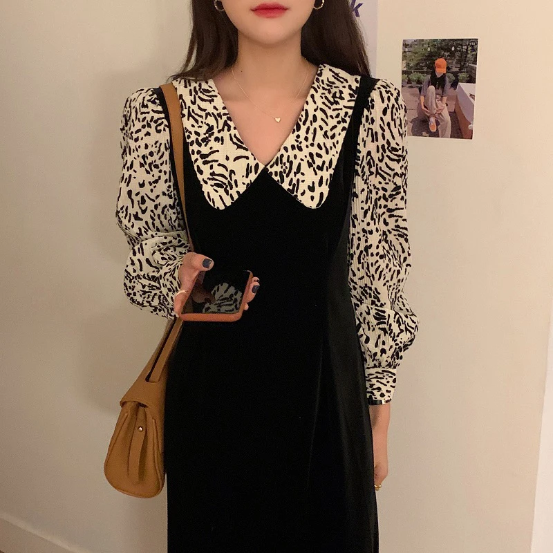

Women Dresses Turn-down Collar Long-Sleeves Gentle French Autumn Patchwork Sweet Female Fashion Elegant
