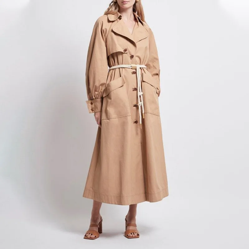 

Trench Lapel Women Slim Tie Button Long Over-the-knee Trench Coat