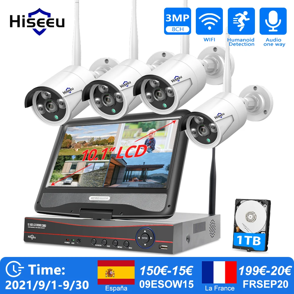 

Беспроводная стандартная Водонепроницаемая наружная IP-камера Hiseeu, 8 каналов, 3 Мп, 1536P, 2 МП, система видеонаблюдения с монитором 1080 дюйма, сет...