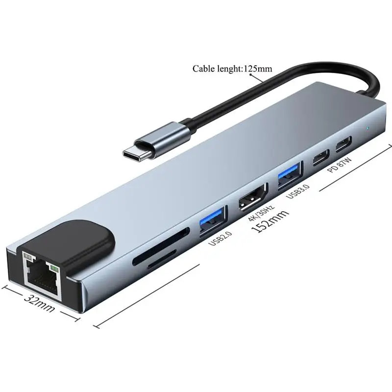 

8 In 1 Type C Hub USB 2.0 3.0 J45 TF SD Reader PD Charge Dock Station HDMI-Compatible Adapter Splitter for Mackbook Laptop