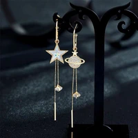 time traveler charm planet long crystal tassel gold color hanging dangle earrings for women wedding drop earing fashion jewelry