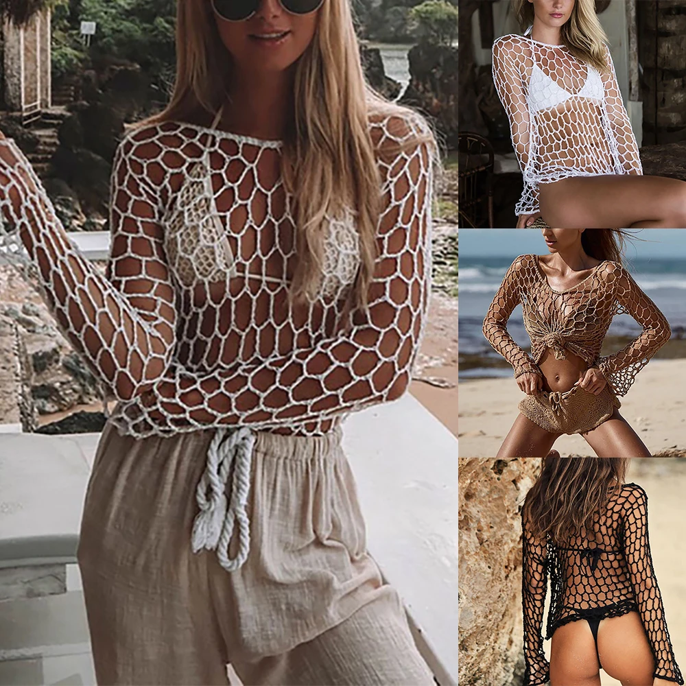 Женская Сетчатая футболка в сетку летняя 2020 с длинным рукавом и круглым вырезом